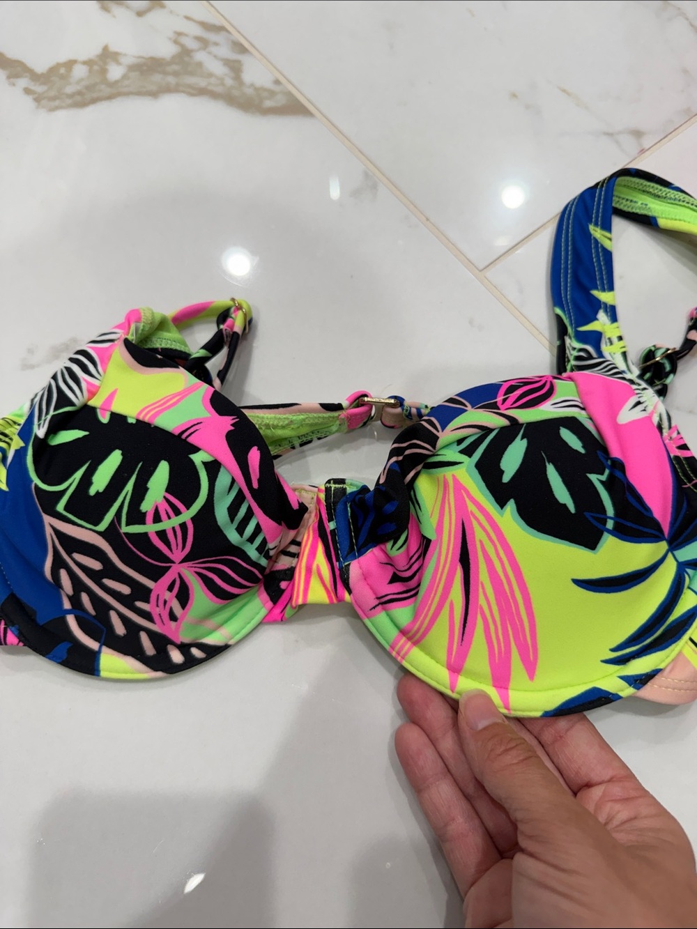 Neon Pink & Tropical Print Bikini Set - Two Tops + Bottom Small - Picture 8 of 9